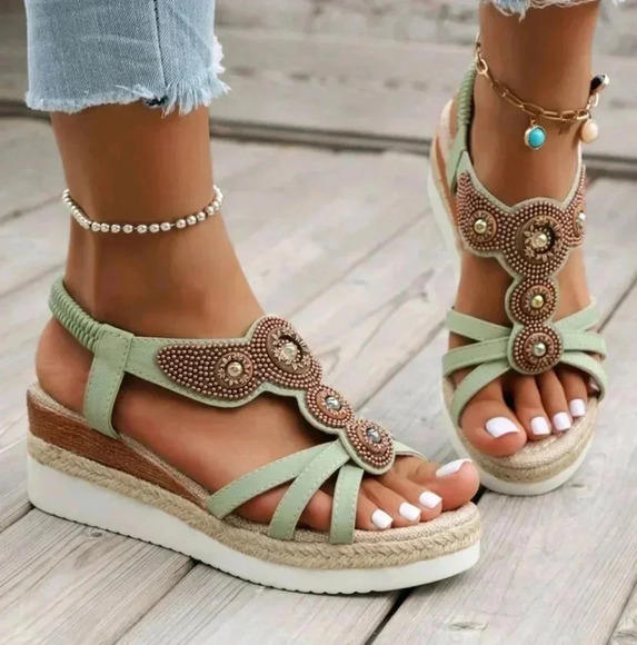 Women's Casual Roman Style Beaded Straw Rope Sandals With Wedge Heels - Picture 2 of 8